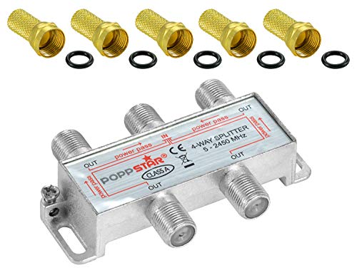 Poppstar Sat-Verteiler Splitter Umschalter 4-Fach inkl. F-Stecker (analog/digital/BK/unicable/HD/4K tauglich) für TV, Satellit, Fernseher, Radio, LNB von POPPSTAR