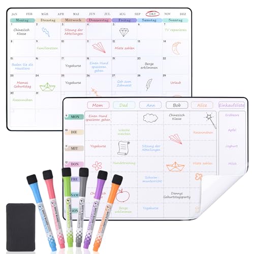 POPRUN 42×28cm Whiteboard Wochenplaner Monatsplaner Abwischbar Familienplaner Selbstklebend für die Wand, Glas und Holz und Kühlschrank (jede glatte Oberfläche), Kalender, Haushaltsplaner auf Deutsch von POPRUN