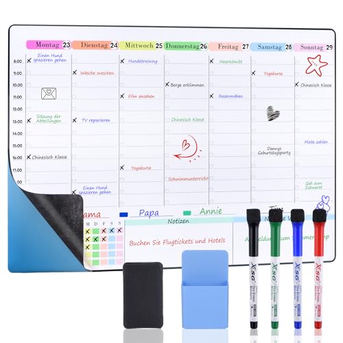 POPRUN 60×40cm Whiteboard Wochenplaner Abwischbar Selbstklebend für die Wand, Glas und Holz(jede glatte Oberfläche) Familienplaner, Planungstafel, Haushaltsplan, Terminplaner, Memoboard auf Deutsch von POPRUN