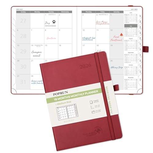 POPRUN A5-Terminplaner 2025–2026, 22 x 16,5 cm (18 Monate: Juli 25 – Dez'26), Monatsplaner, PU-Leder, Softcover, Sonntagsbeginn, Monats-Register, Burgunderrot von POPRUN