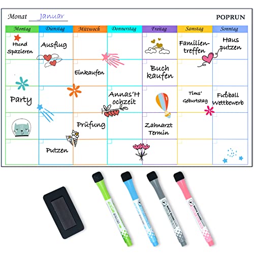POPRUN Abwischbar magnetisch Monatsplaner/Wochenplaner whiteboard Magnettafel Kühlschrank,Monatskalender,Memoboard,Terminplaner-43 x 28 cm wiederverwendbar auf Deutsch von POPRUN