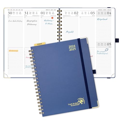 POPRUN Kalender 2025 Buchkalender (Aug.2024-Dez.2025) Ringbuch mit Hardcover, ca. A4 (25,5 x 20,5 cm), 17-Monate-Terminplaner, Wochenplaner 2025 mit Plastiklineal - Marineblau von POPRUN