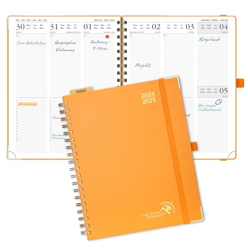 POPRUN Kalender 2025 Buchkalender (Aug.2024-Dez.2025) Ringbuch mit Hardcover, ca. A4 (25,5 x 20,5 cm), 17-Monate-Terminplaner, Wochenplaner 2025 mit Plastiklineal - Orange von POPRUN
