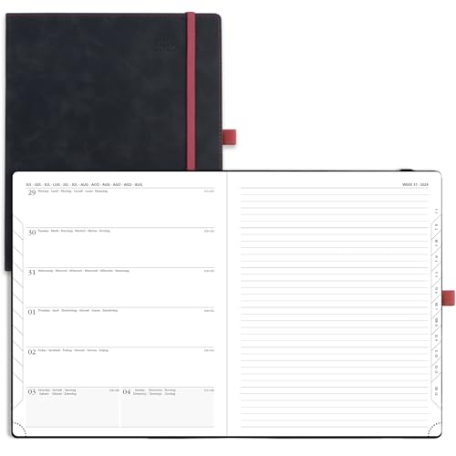 POPRUN Kalender 2024 2025 Buchkalender A4 Notizbuch 26,5 x 21,5 cm (Aug.2024-Dez.2025) - Terminplaner, Wochenplaner Softcover mit PU-Leder, FSC®-Zertifiziertem Papier - Schwarz von POPRUN