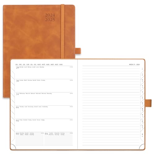 POPRUN Kalender 2024 2025 Buchkalender A5 Notizbuch 22 x 16,5 cm (Aug.2024-Dez.2025) - Terminplaner, Wochenplaner Softcover mit PU-Leder, FSC®-Zertifiziertem Papier - Braun von POPRUN