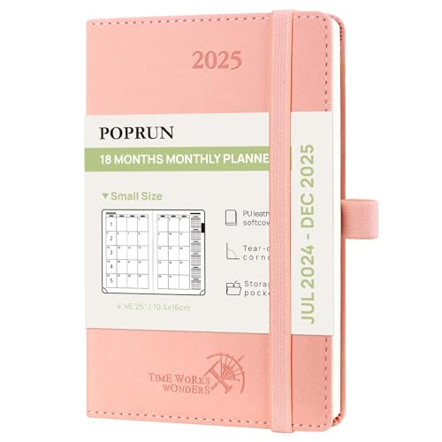 POPRUN Kalender 2024 2025 Monatsplaner 16 x 10,5 cm - 18 Monate Monatskalender Softcover A6 (Jul 2024 - Dez 2025) - 1 Monat 4 Seiten, mit PU-Leder, 100 GSM Papier - Rosa von POPRUN