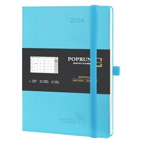 POPRUN Kalender 2024 2025 Monatsplaner 22 x 16,5 cm Auf Englisch - 18 Monate Monatskalender Softcover (Jan 2024 - Jun 2025) - 1 Monat 4 Seiten, 112 Seiten, 100 GSM Papier, PU-Leder - Blaugrün von POPRUN