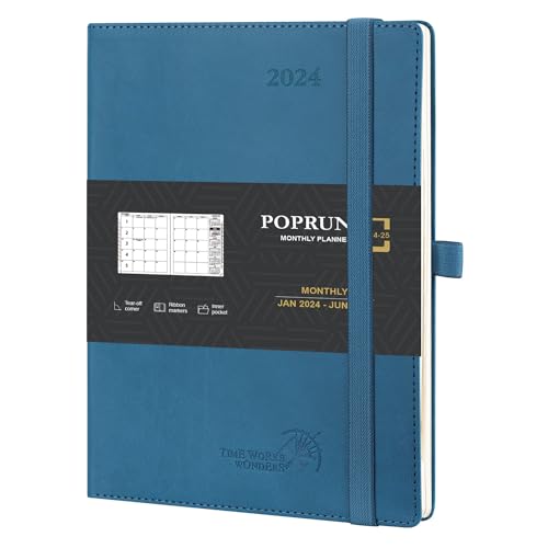 POPRUN Kalender 2024 2025 Monatsplaner 22 x 16,5 cm Auf Englisch - 18 Monate Monatskalender Softcover (Jan 2024 - Jun 2025) - 1 Monat 4 Seiten, 112 Seiten, 100 GSM Papier, PU-Leder - Marineblau von POPRUN