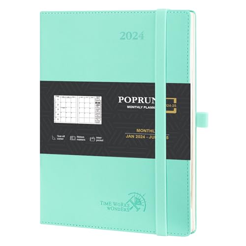 POPRUN Kalender 2024 2025 Monatsplaner 22 x 16,5 cm Auf Englisch - 18 Monate Monatskalender Softcover (Jan 2024 - Jun 2025) - 1 Monat 4 Seiten, 112 Seiten, 100 GSM Papier, PU-Leder - Mintgrün von POPRUN