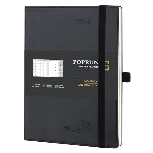 POPRUN Kalender 2024 2025 Monatsplaner 22 x 16,5 cm Auf Englisch - 18 Monate Monatskalender Softcover (Jan 2024 - Jun 2025) - 1 Monat 4 Seiten, 112 Seiten, 100 GSM Papier, PU-Leder - Schwarz von POPRUN