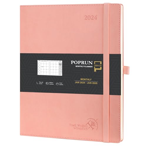 POPRUN Kalender 2024 2025 Monatsplaner 26,5 x 21,5 cm Auf Englisch - 18 Monate Monatskalender Softcover (Jan 2024 - Jun 2025) - 1 Monat 4 Seiten, 112 Seiten, 100 GSM Papier, PU-Leder - Rosa von POPRUN