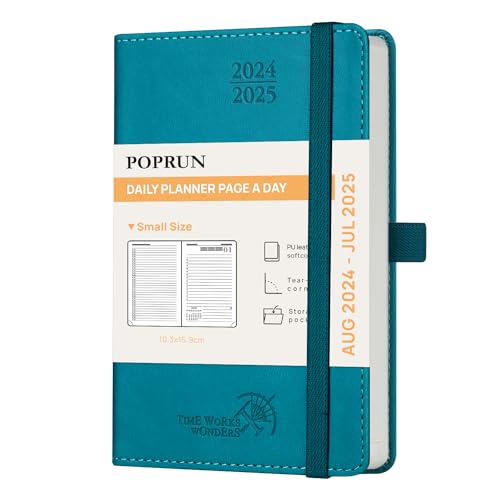 POPRUN Kalender 2024 2025 Tagesplaner 16 x 10,5 cm, Tageskalender A6 1 Tag 1 Seite (Montag - Sonntag), Terminplaner (Aug.2024-Jul.2025) Softcover mit PU-Leder - Pazifikgrün von POPRUN