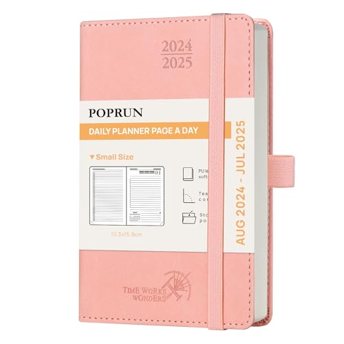 POPRUN Kalender 2024 2025 Tagesplaner 16 x 10,5 cm, Tageskalender A6 1 Tag 1 Seite (Montag - Sonntag), Terminplaner (Aug.2024-Jul.2025) Softcover mit PU-Leder - Rosa von POPRUN