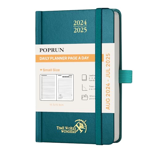 POPRUN Kalender 2024 2025 Tagesplaner 16 x 10,5 cm, Tageskalender A6 1 Tag 1 Seite (Montag - Sonntag), Terminplaner (Aug.2024-Jul.2025) mit Hardcover, Stiftschlaufe - Pazifikgrün von POPRUN