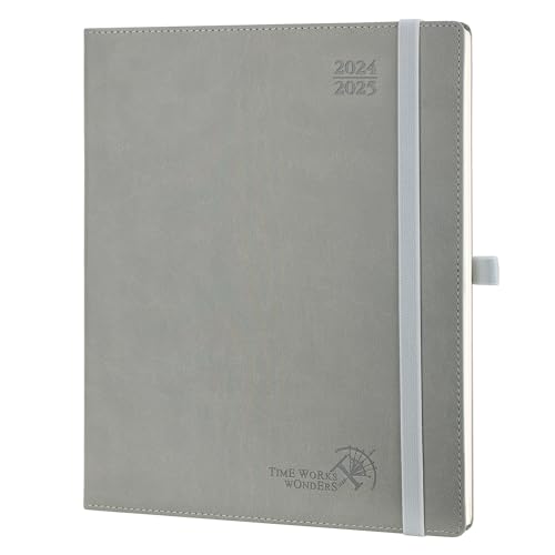 POPRUN Kalender 2025 Wochenplaner (Aug.2024-Dez.2025) Softcover mit PU-Leder, ca. A4 (26,5 x 21,5 cm), 17-Monate-Terminplaner 2025 1 Woche 2 Seite mit Zertifiziertem Papier - Grau von POPRUN