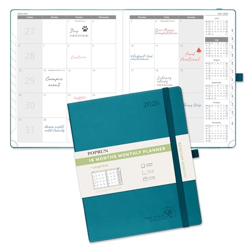 POPRUN Kalender 2025–2026, 26,5 x 21,5 cm, Monatsplaner, 26,5 x 21,5 cm, Monatsplaner, PU-Leder, Softcover, Sonntagsstart, Monatsanleitung (Pazifikgrün) von POPRUN