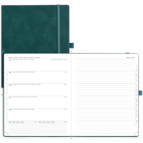 POPRUN Kalender 2025 2026 Buchkalender Notizbuch (Aug.2025-Dez.2026), ca. A4 (26,5 x 21,5 cm), Terminplaner, Wochenplaner Softcover mit PU-Leder, Zertifiziertem Papier - Petrolgrün von POPRUN