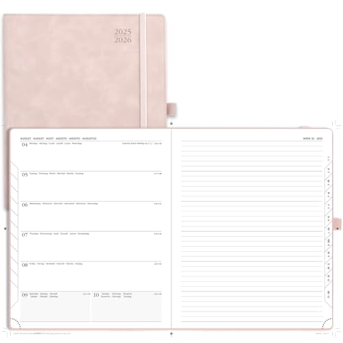 POPRUN Kalender 2025 2026 Buchkalender Notizbuch (Aug.2025-Dez.2026), ca. A4 (26,5 x 21,5 cm), Terminplaner, Wochenplaner Softcover mit PU-Leder, Zertifiziertem Papier - Zartrosa von POPRUN