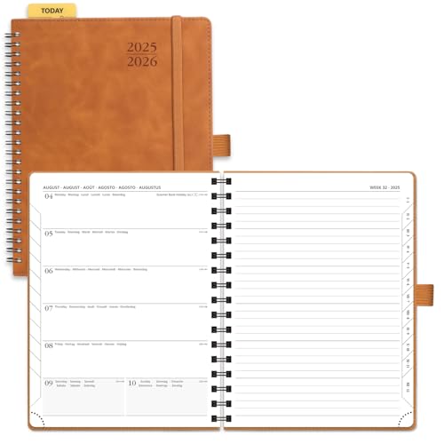 POPRUN Kalender 2025 2026 Buchkalender Notizbuch (Aug.2025-Dez.2026), ca. A5 (22 x 16,5 cm), Terminplaner, Wochenplaner Ringbuch mit Softcover, Zertifiziertem Papier - Braun von POPRUN