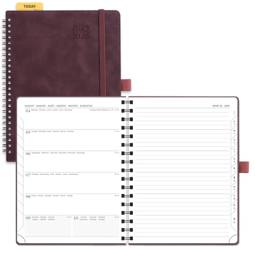 POPRUN Kalender 2025 2026 Buchkalender Notizbuch (Aug.2025-Dez.2026), ca. A5 (22 x 16,5 cm), Terminplaner, Wochenplaner Ringbuch mit Softcover, Zertifiziertem Papier - Weinrot von POPRUN