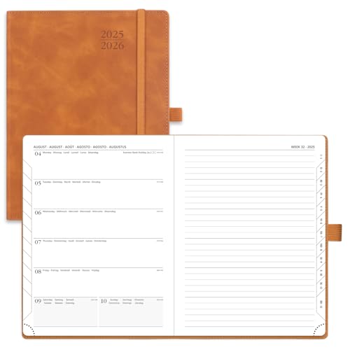 POPRUN Kalender 2025 2026 Buchkalender Notizbuch (Aug.2025-Dez.2026), ca. A5 (22 x 16,5 cm), Terminplaner, Wochenplaner Softcover mit PU-Leder, Zertifiziertem Papier - Braun von POPRUN