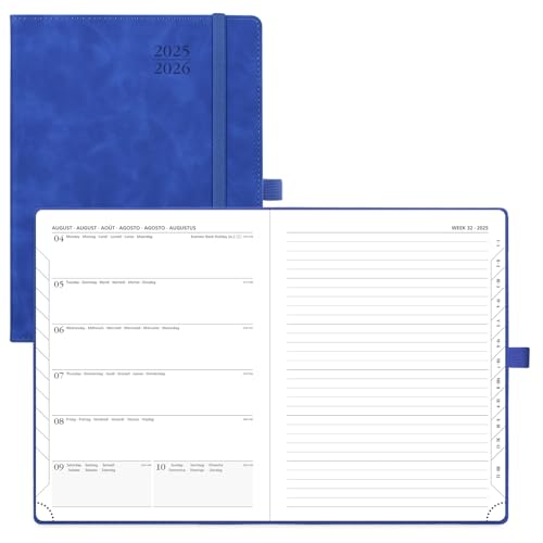 POPRUN Kalender 2025 2026 Buchkalender Notizbuch (Aug.2025-Dez.2026), ca. A5 (22 x 16,5 cm), Terminplaner, Wochenplaner Softcover mit PU-Leder, Zertifiziertem Papier - Königsblau von POPRUN
