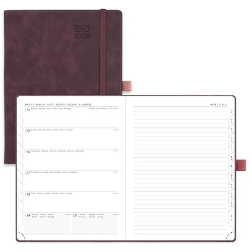 POPRUN Kalender 2025 2026 Buchkalender Notizbuch (Aug.2025-Dez.2026), ca. A5 (22 x 16,5 cm), Terminplaner, Wochenplaner Softcover mit PU-Leder, Zertifiziertem Papier - Weinrot von POPRUN