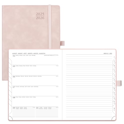 POPRUN Kalender 2025 2026 Buchkalender Notizbuch (Aug.2025-Dez.2026), ca. A5 (22 x 16,5 cm), Terminplaner, Wochenplaner Softcover mit PU-Leder, Zertifiziertem Papier - Zartrosa von POPRUN