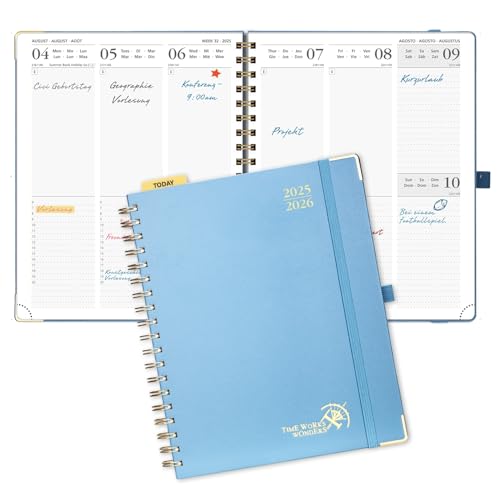 POPRUN Kalender 2025 2026 Buchkalender Ringbuch mit Hardcover, ca. A4 (25,5 x 20,5 cm), 17-Monate-Terminplaner (Aug.2025-Dez.2026), Wochenplaner 2025 2026 mit Plastiklineal - Dunstblau von POPRUN