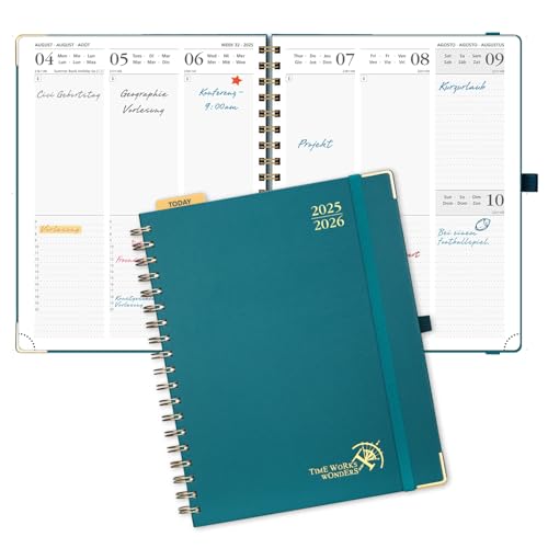 POPRUN Kalender 2025 2026 Buchkalender Ringbuch mit Hardcover, ca. A4 (25,5 x 20,5 cm), 17-Monate-Terminplaner (Aug.2025-Dez.2026), Wochenplaner 2025 2026 mit Plastiklineal - Pazifikgrün von POPRUN