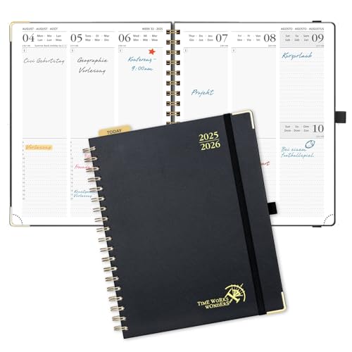 POPRUN Kalender 2025 2026 Buchkalender Ringbuch mit Hardcover, ca. A4 (25,5 x 20,5 cm), 17-Monate-Terminplaner (Aug.2025-Dez.2026), Wochenplaner 2025 2026 mit Plastiklineal - Schwarz von POPRUN