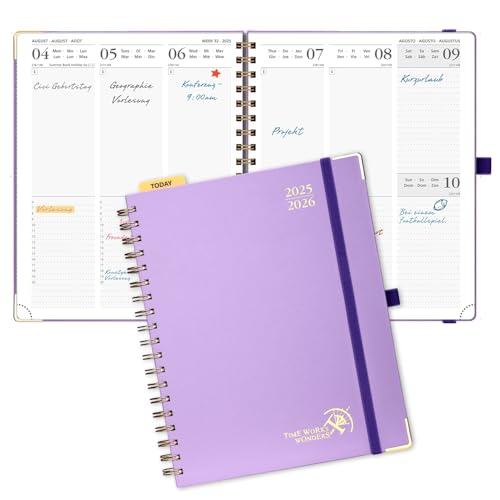 POPRUN Kalender 2025 2026 Buchkalender Ringbuch mit Hardcover, ca. A4 (25,5 x 20,5 cm), 17-Monate-Terminplaner (Aug.2025-Dez.2026), Wochenplaner 2025 2026 mit Plastiklineal - Violett von POPRUN