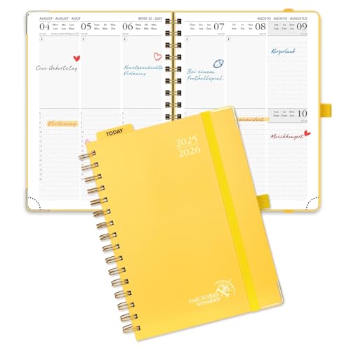 POPRUN Kalender 2025 2026 Buchkalender Ringbuch mit Hardcover, ca. A5 (21,5 x 16 cm), 17-Monate-Terminplaner (Aug.2025-Dez.2026), Wochenplaner 2025 2026 mit Plastiklineal - Hellgelb von POPRUN