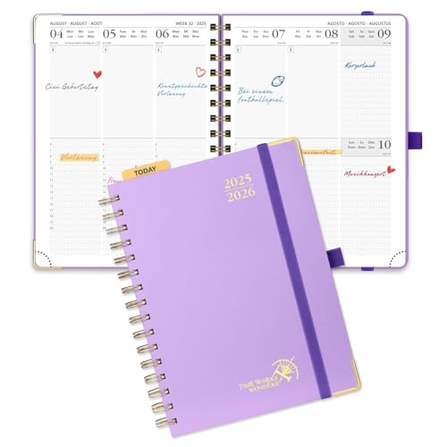 POPRUN Kalender 2025 2026 Buchkalender Ringbuch mit Hardcover, ca. A5 (21,5 x 16 cm), 17-Monate-Terminplaner (Aug.2025-Dez.2026), Wochenplaner 2025 2026 mit Plastiklineal - Violett von POPRUN
