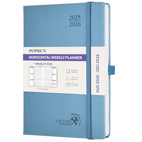 POPRUN Kalender 2025 2026 Horizontale Wochenplaner (Aug.2025-Dez.2026) – ca.A5 Terminkalender mit PU-Leder, 17-Monats-Organizer,1 Woche 2 Seite, stabilem Hardcover, Aquamarin von POPRUN
