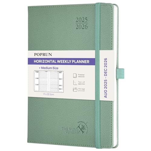 POPRUN Kalender 2025 2026 Horizontale Wochenplaner (Aug.2025-Dez.2026) – ca.A5 Terminkalender mit PU-Leder, 17-Monats-Organizer,1 Woche 2 Seite, stabilem Hardcover, Mitternachtsgrün von POPRUN