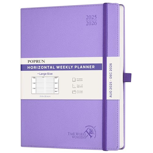 POPRUN Kalender 2025 2026 Horizontale Wochenplaner (Aug.2025-Dez.2026) hardcover mit PU-Leder, ca. A4 (21.8x26,4 cm), 17-Monate-Terminplaner 1 Woche 2 Seite, Lavendel von POPRUN