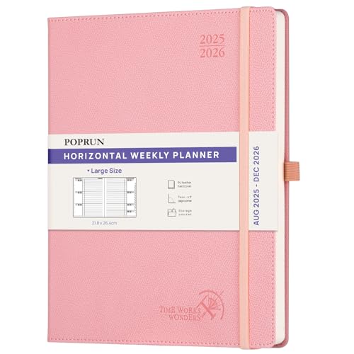 POPRUN Kalender 2025 2026 Horizontale Wochenplaner (Aug.2025-Dez.2026) hardcover mit PU-Leder, ca. A4 (21.8x26,4 cm), 17-Monate-Terminplaner 1 Woche 2 Seite, Zartrosa von POPRUN