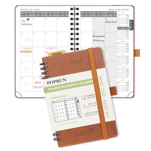 POPRUN Kalender 2025 2026 Monatsplaner 16 x 10,5 cm - 18 Monate Monatskalender Ringbuch A6 (Jul.2025-Dez.2026) - 1 Monat 4 Seiten, Softcover mit PU-Leder, 100 GSM Papier - Braun von POPRUN