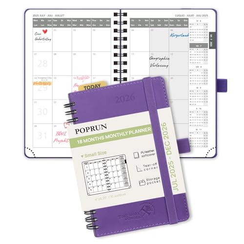 POPRUN Kalender 2025 2026 Monatsplaner 16 x 10,5 cm - 18 Monate Monatskalender Ringbuch A6 (Jul.2025-Dez.2026) - 1 Monat 4 Seiten, Softcover mit PU-Leder, 100 GSM Papier - Lila von POPRUN