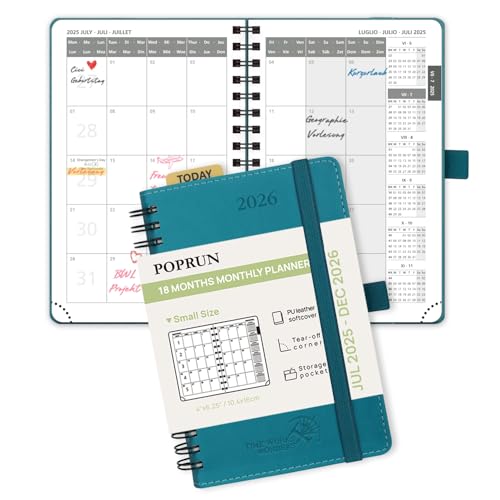 POPRUN Kalender 2025 2026 Monatsplaner 16 x 10,5 cm - 18 Monate Monatskalender Ringbuch A6 (Jul.2025-Dez.2026) - 1 Monat 4 Seiten, Softcover mit PU-Leder, 100 GSM Papier - Pazifikgrün von POPRUN