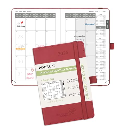 POPRUN Kalender 2025 2026 Monatsplaner 16 x 10,5 cm - 18 Monate Monatskalender Softcover A6 (Jul.2025-Dez.2026) - 1 Monat 4 Seiten, mit PU-Leder, 100 GSM Papier - Burgunderrot von POPRUN