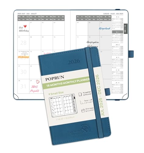 POPRUN Kalender 2025 2026 Monatsplaner 16 x 10,5 cm - 18 Monate Monatskalender Softcover A6 (Jul.2025-Dez.2026) - 1 Monat 4 Seiten, mit PU-Leder, 100 GSM Papier - Marineblau von POPRUN