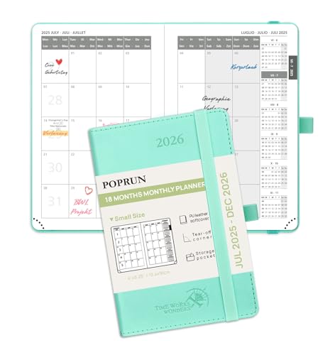 POPRUN Kalender 2025 2026 Monatsplaner 16 x 10,5 cm - 18 Monate Monatskalender Softcover A6 (Jul.2025-Dez.2026) - 1 Monat 4 Seiten, mit PU-Leder, 100 GSM Papier - Mintgrün von POPRUN