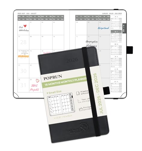 POPRUN Kalender 2025 2026 Monatsplaner 16 x 10,5 cm - 18 Monate Monatskalender Softcover A6 (Jul.2025-Dez.2026) - 1 Monat 4 Seiten, mit PU-Leder, 100 GSM Papier - Schwarz von POPRUN
