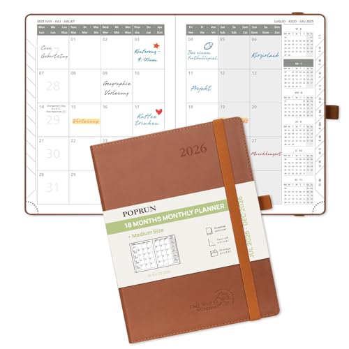 POPRUN Kalender 2025 2026 Monatsplaner 22 x 16,5 cm - 18 Monate Monatskalender Softcover A5 (Jul.2025-Dez.2026) - 1 Monat 4 Seiten, mit PU-Leder, 100 GSM Papier - Braun von POPRUN