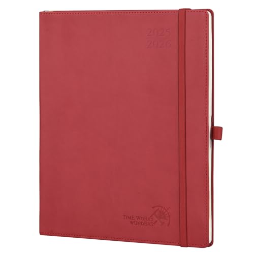 POPRUN Kalender 2025 2026 Wochenplaner (Aug.2025-Dez.2026) Softcover mit PU-Leder, ca. A4 (26,5 x 21,5 cm), 17-Monate-Terminplaner 1 Woche 2 Seite mit Zertifiziertem Papier - Burgunderrot von POPRUN