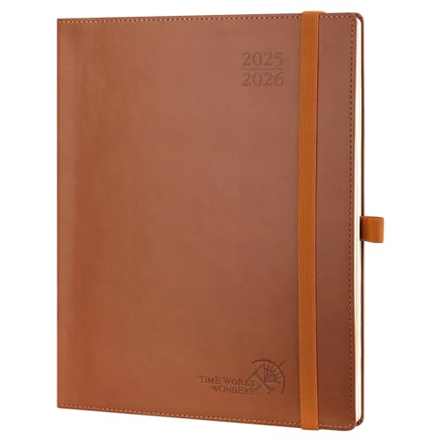 POPRUN Kalender 2025 2026 Wochenplaner (Aug.2025-Dez.2026) Softcover mit PU-Leder, ca. A4 (26,5 x 21,5 cm), 17-Monate-Terminplaner 1 Woche 2 Seite mit Zertifiziertem Papier - Braun von POPRUN