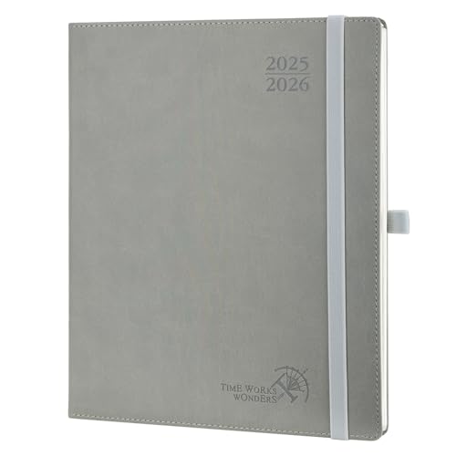 POPRUN Kalender 2025 2026 Wochenplaner (Aug.2025-Dez.2026) Softcover mit PU-Leder, ca. A4 (26,5 x 21,5 cm), 17-Monate-Terminplaner 1 Woche 2 Seite mit Zertifiziertem Papier - Grau von POPRUN