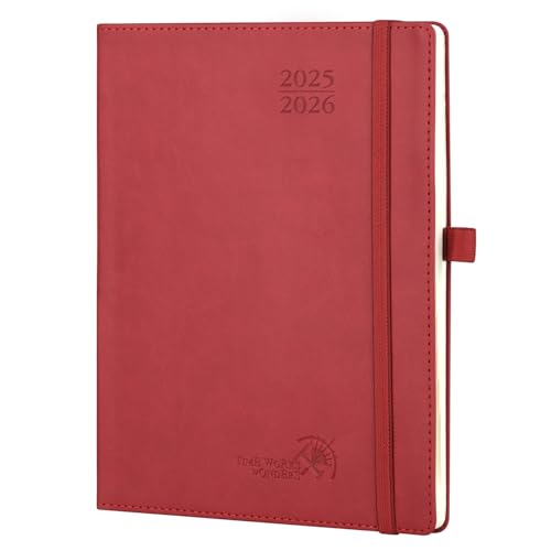 POPRUN Kalender 2025 2026 Wochenplaner (Aug.2025-Dez.2026) Softcover mit PU-Leder, ca. A5 (22 x 16,5 cm), 17-Monate-Terminplaner 1 Woche 2 Seite mit Zertifiziertem Papier - Burgunderrot von POPRUN